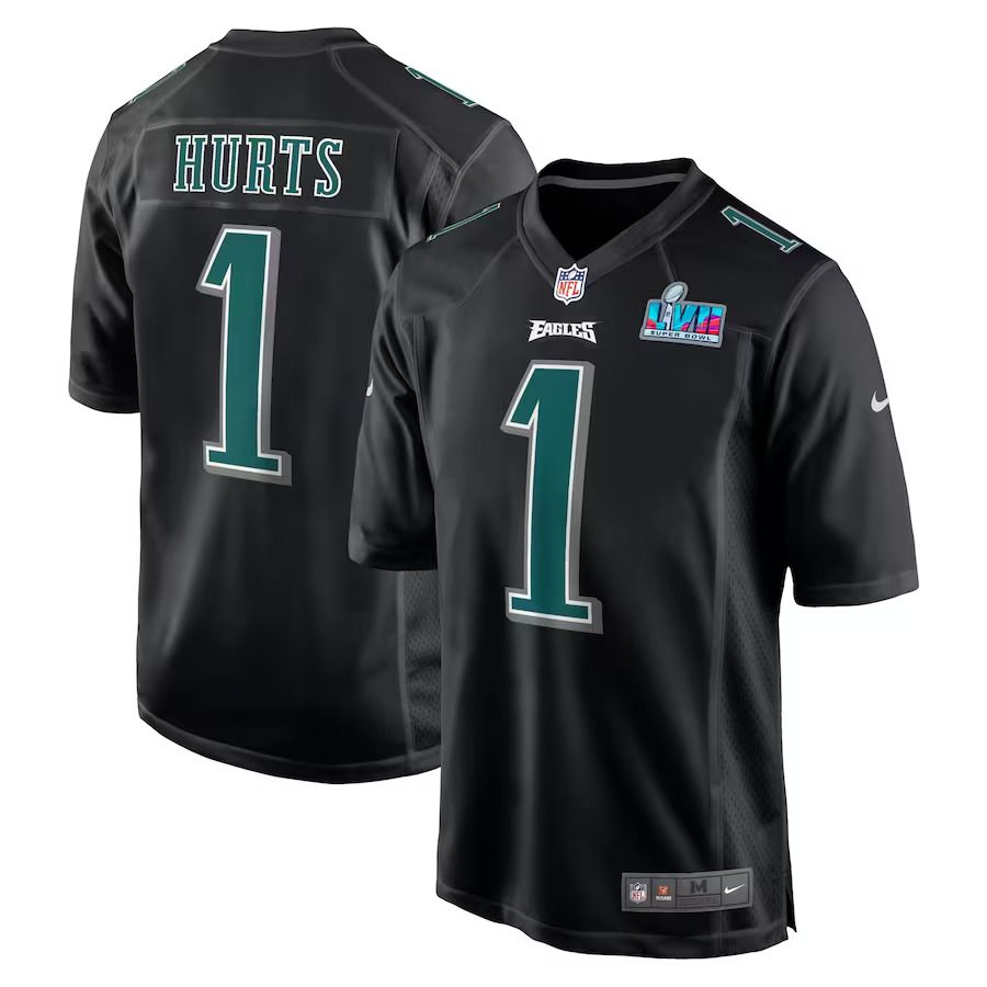 Men Philadelphia Eagles 1 Jalen Hurts Nike Black Super Bowl LVII Patch Fashion Game NFL Jersey